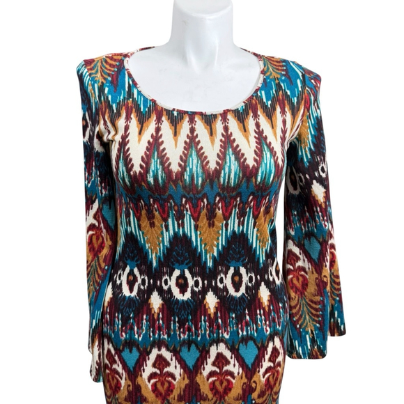 Wrangler Long Sleeve Dress M Teal Brown Ikat Print - Picture 2 of 8